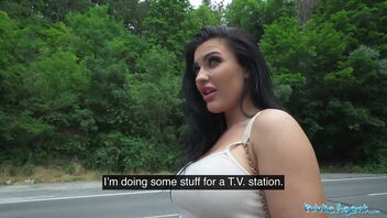 Public agent giving a blowjob and having sex in public while showing off her big boobs